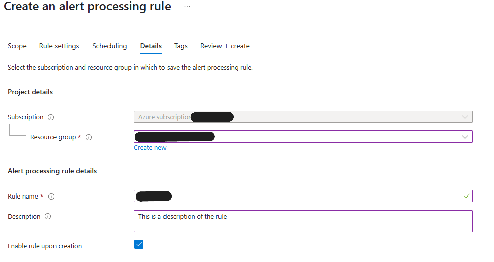 Azure portal alert processing rule scope selection