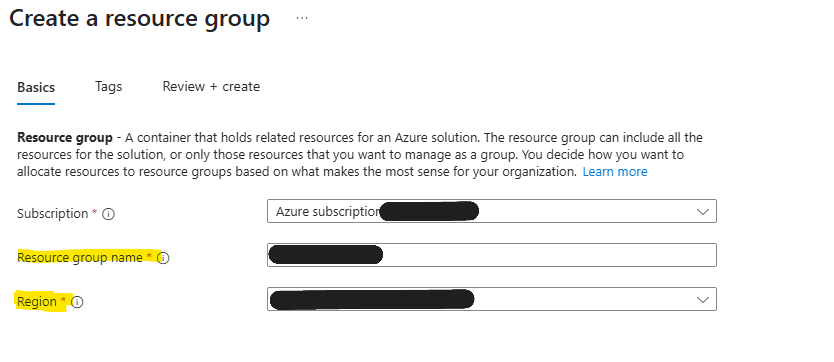 Azure portal resource group creation screen for a monitoring resource group