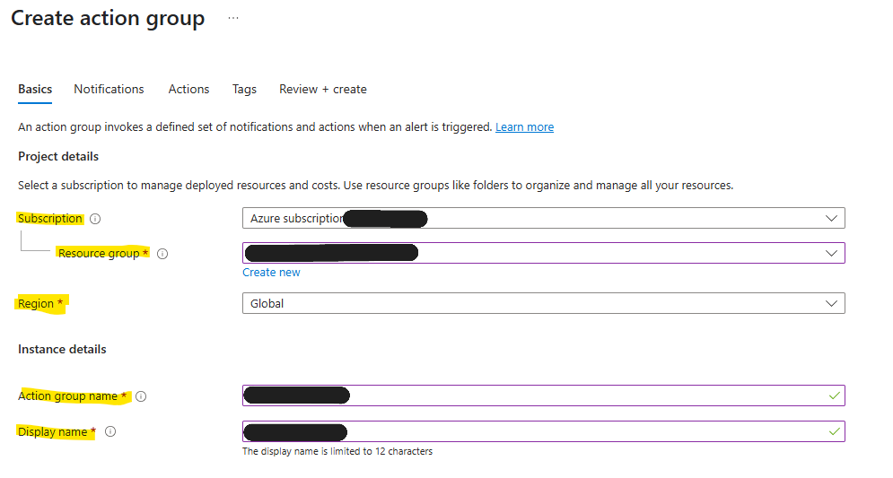 Azure portal create action group basics tab