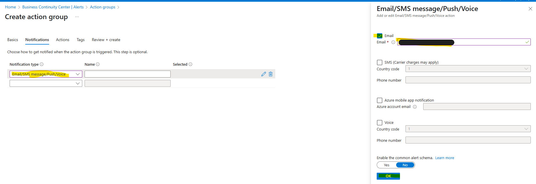 Azure portal action group notification screen with email configured