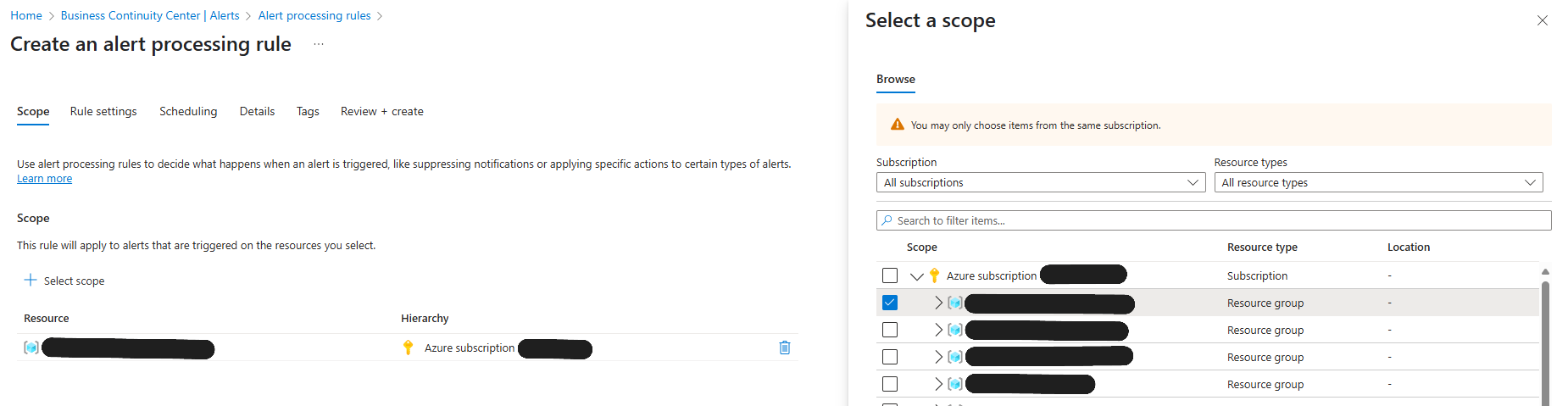 Azure portal alert processing rule filter screen for Azure Backup and severity error